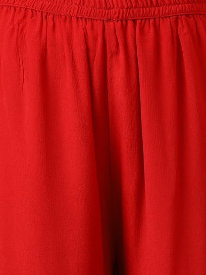 Women Pure Georgette Jaipuri Mothda Red Kurta Sharara Set With Dupatta | LASVINI - Redefining Indian Fashion with Elegance