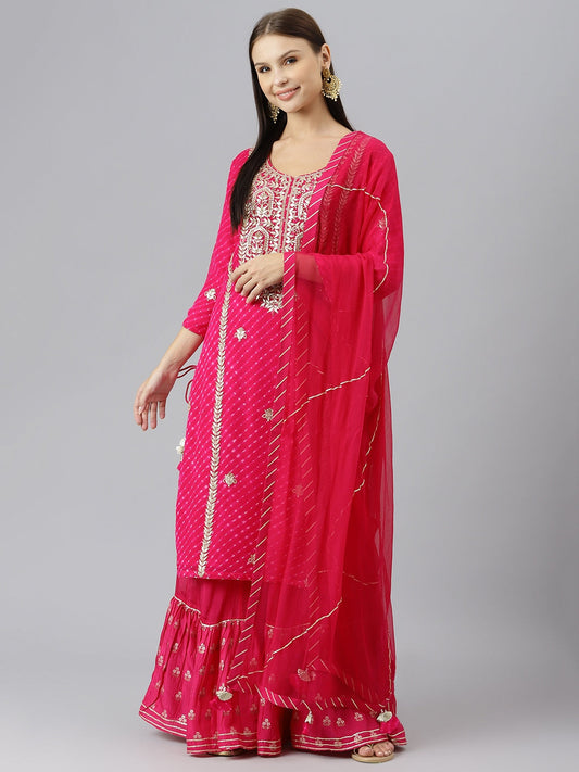 Women Pure Georgette Jaipuri Mothda Rani Pink Kurta Sharara Set With Dupatta | LASVINI - Redefining Indian Fashion with Elegance