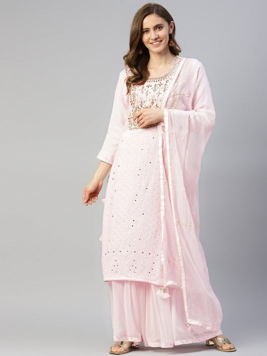 Women Pure Chicken Krai Georgette Powder Pink Kurta Palazoo Set With Dupatta | LASVINI - Redefining Indian Fashion with Elegance