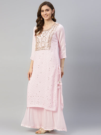 Women Pure Chicken Krai Georgette Powder Pink Kurta Palazoo Set With Dupatta | LASVINI - Redefining Indian Fashion with Elegance
