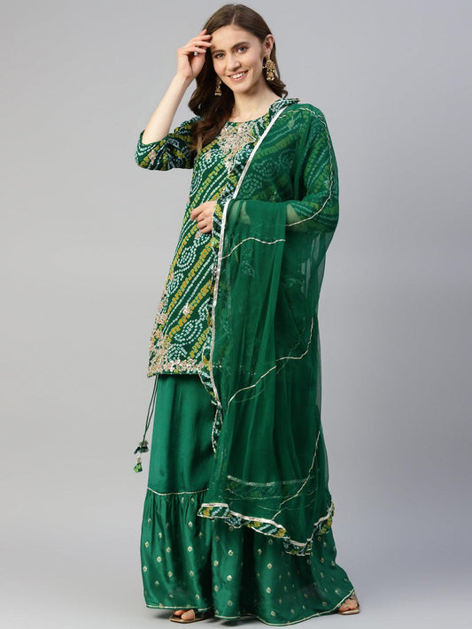 Gota Work Green Bandhani Print Georgette Kurta Palazzo Set With Dupatta | LASVINI - Redefining Indian Fashion with Elegance