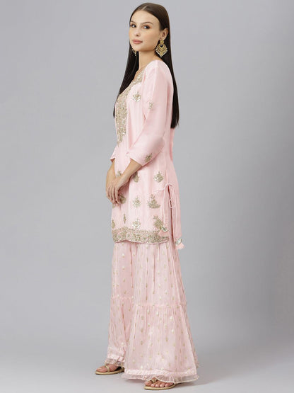 Women Pink Yoke Design Zardozi Chanderi Silk Kurta With Sharara & With Dupatta | LASVINI - Redefining Indian Fashion with Elegance