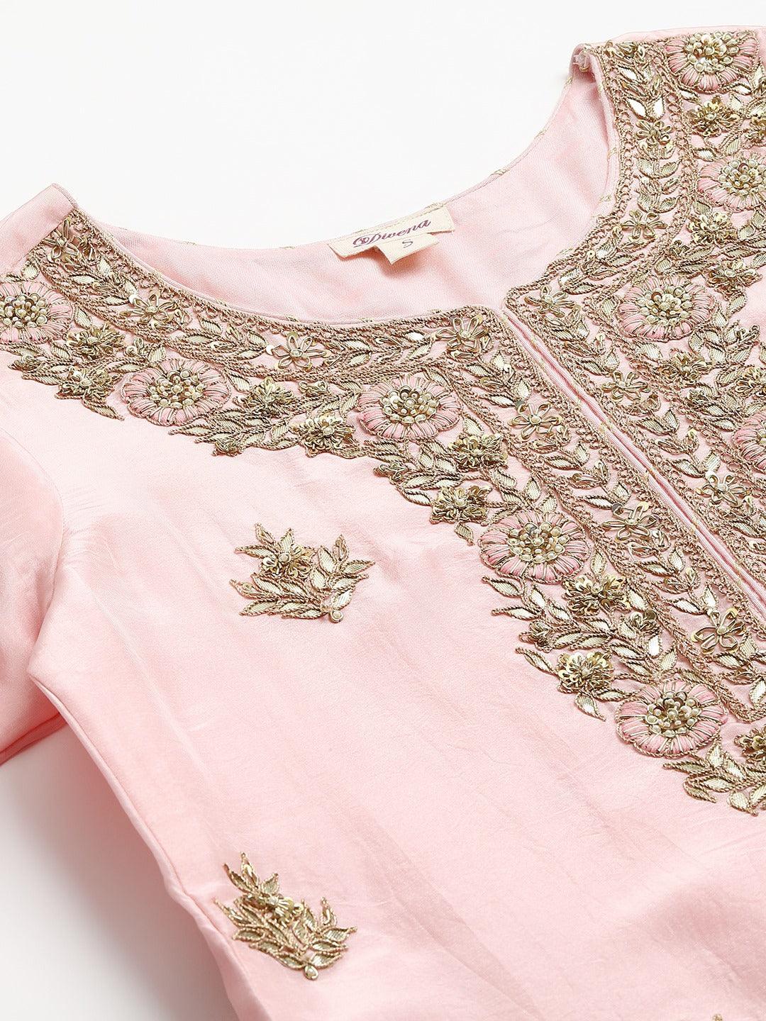 Women Pink Yoke Design Zardozi Chanderi Silk Kurta With Sharara & With Dupatta | LASVINI - Redefining Indian Fashion with Elegance
