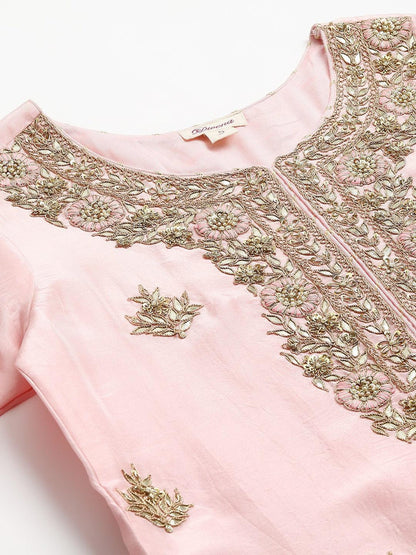Women Pink Yoke Design Zardozi Chanderi Silk Kurta With Sharara & With Dupatta | LASVINI - Redefining Indian Fashion with Elegance