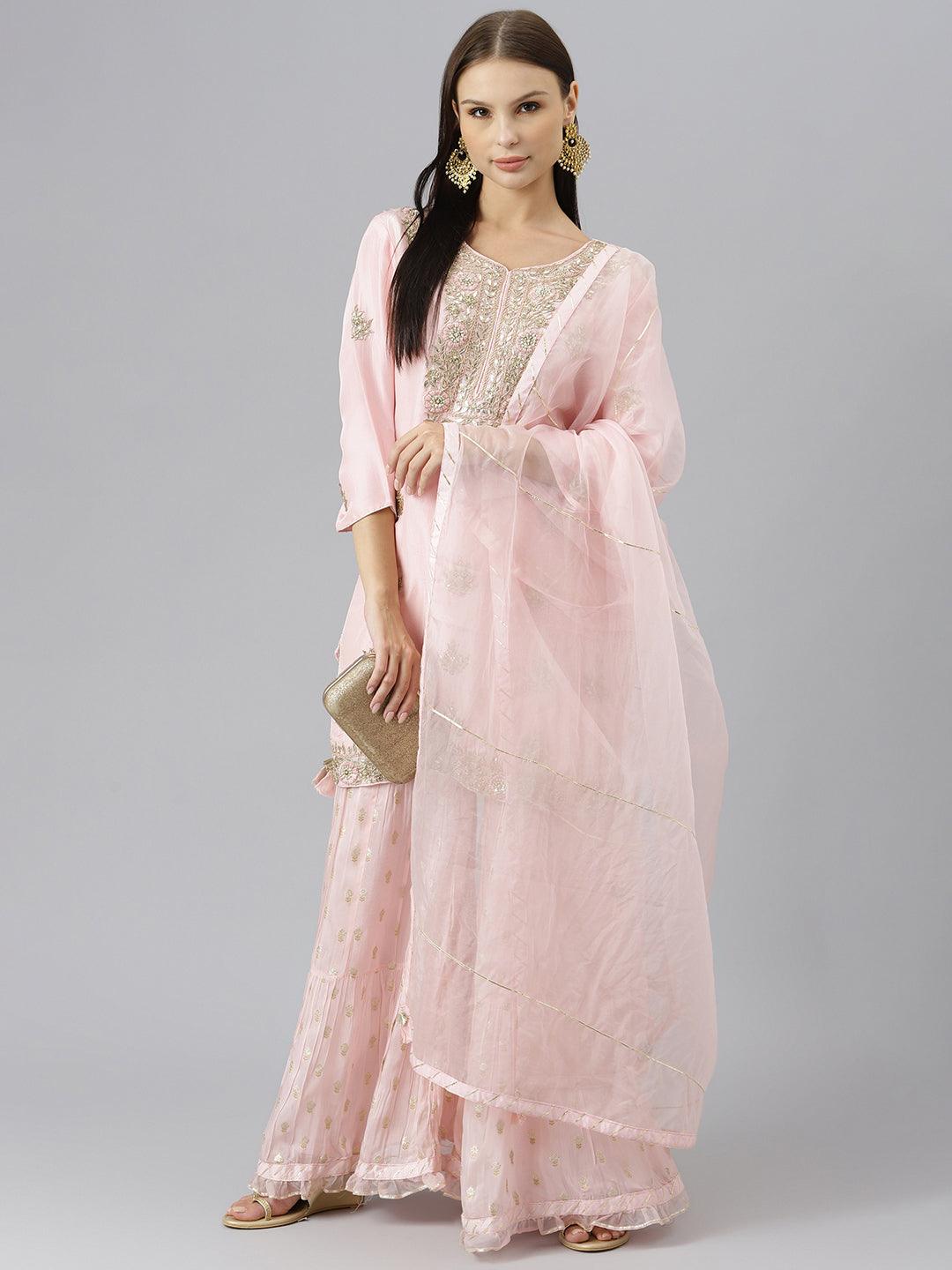 Women Pink Yoke Design Zardozi Chanderi Silk Kurta With Sharara & With Dupatta | LASVINI - Redefining Indian Fashion with Elegance