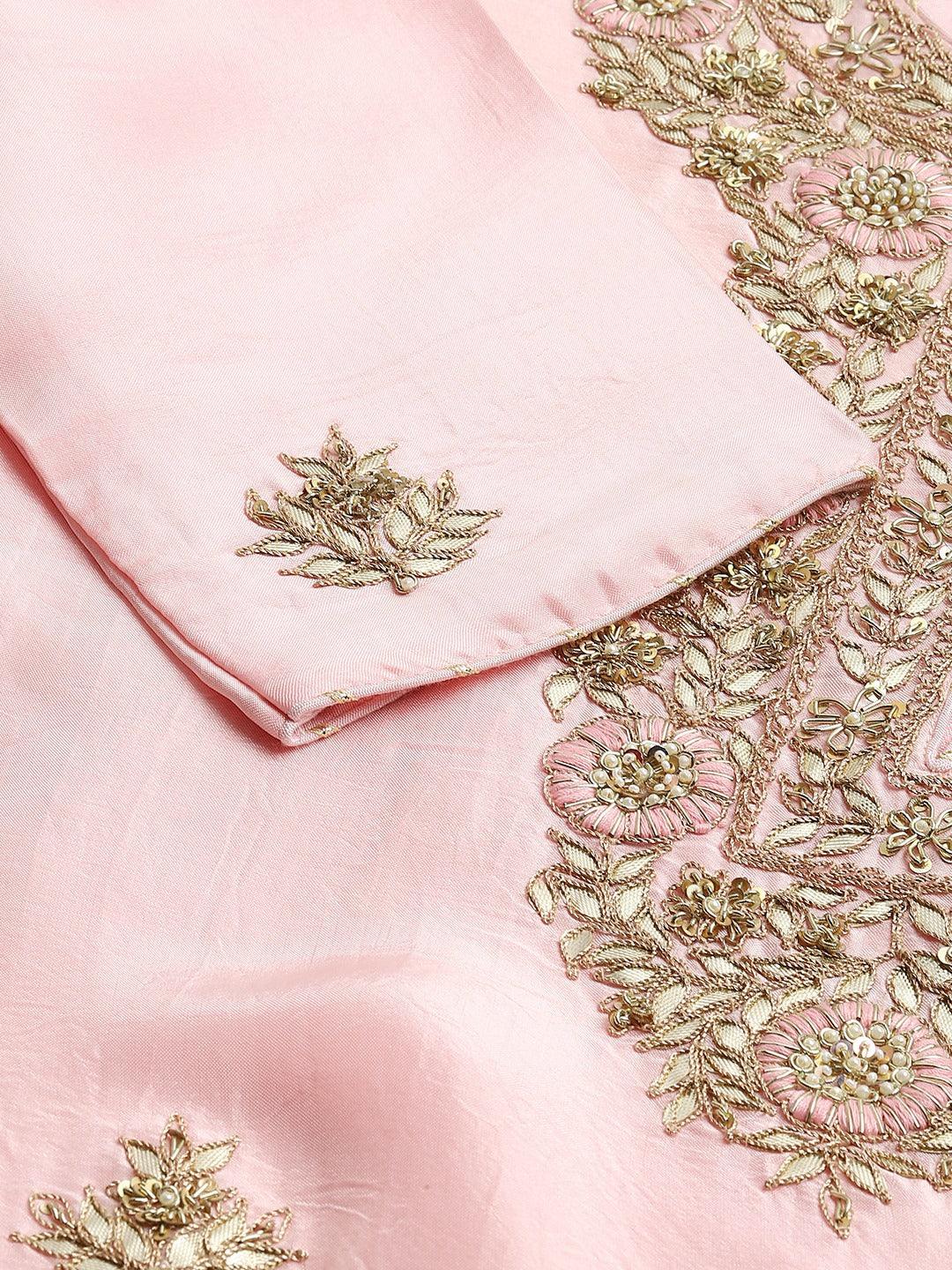 Women Pink Yoke Design Zardozi Chanderi Silk Kurta With Sharara & With Dupatta | LASVINI - Redefining Indian Fashion with Elegance