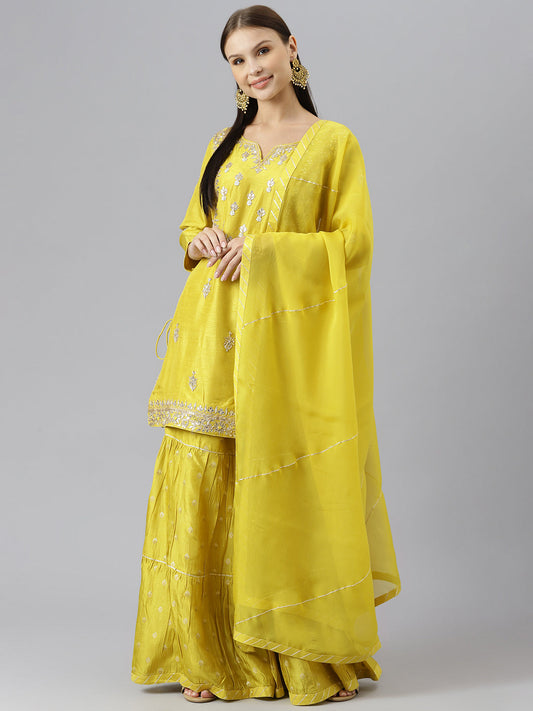 Women Lemon Yellow Pure Rassion Chenderi Kurta Sharara Set With Dupatta | LASVINI - Redefining Indian Fashion with Elegance
