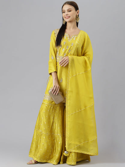 Women Lemon Yellow Pure Rassion Chenderi Kurta Sharara Set With Dupatta | LASVINI - Redefining Indian Fashion with Elegance