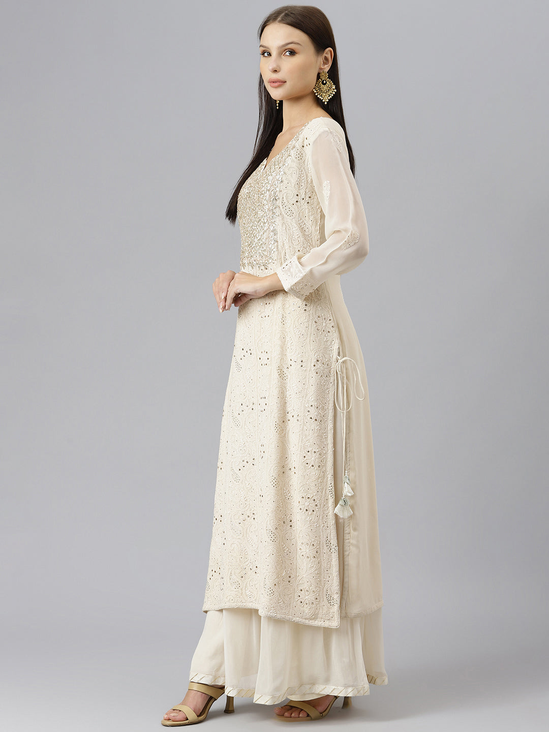 Women Baby Pink Pure Rassion Chenderi Kurta Sharara Set With Dupatta | LASVINI - Redefining Indian Fashion with Elegance