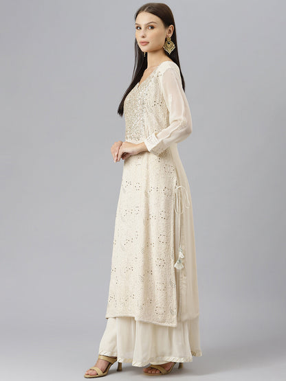 Women Baby Pink Pure Rassion Chenderi Kurta Sharara Set With Dupatta | LASVINI - Redefining Indian Fashion with Elegance