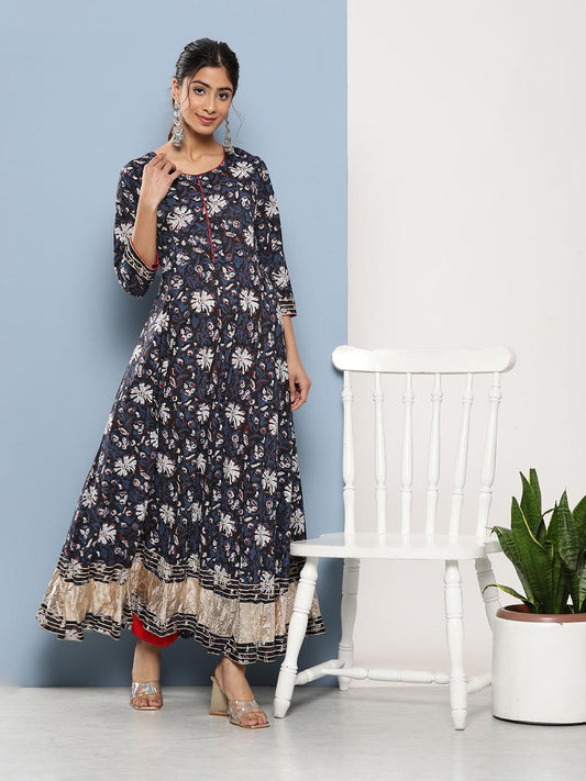 Blue Cotton Anarkali Kurta | LASVINI - Redefining Indian Fashion with Elegance