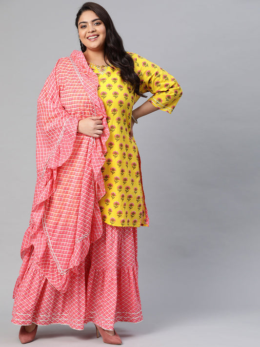 Women'S Yellow Printed Kurta With Lahariya Sharara And Ruffled Dupatta Set | LASVINI - Redefining Indian Fashion with Elegance