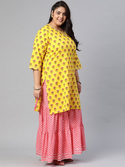 Women'S Yellow Printed Kurta With Lahariya Sharara And Ruffled Dupatta Set | LASVINI - Redefining Indian Fashion with Elegance