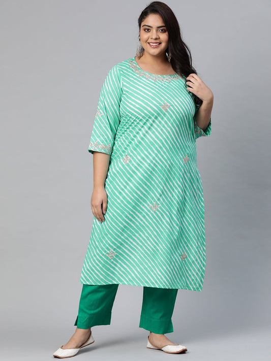 Women'S Green Leheriya Cotton Gota Patti Straight Kurta | LASVINI - Redefining Indian Fashion with Elegance