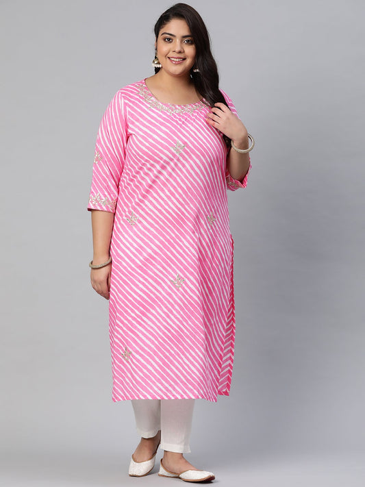 Women'S Pink Lahariya Cotton Gota Patti Straight Kurta | LASVINI - Redefining Indian Fashion with Elegance