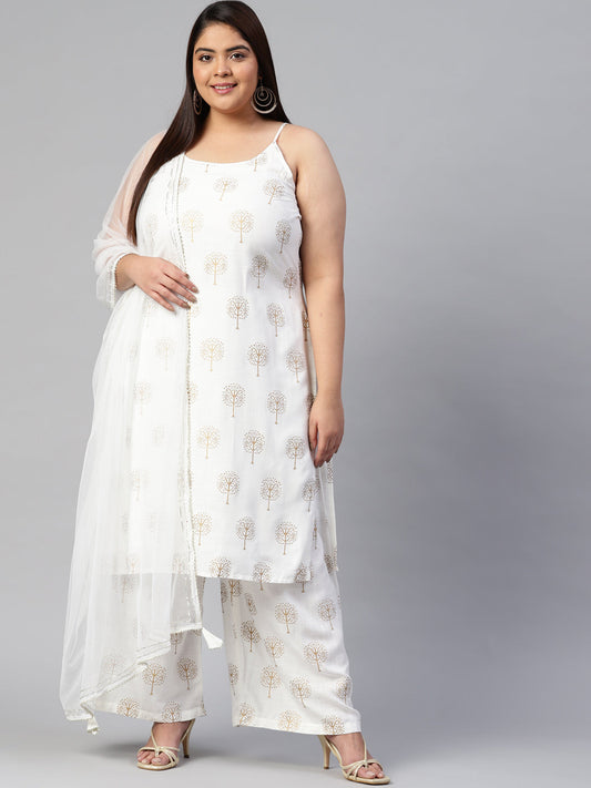 Women'S White Shoulder Strip Kurta Palazoo Set With Net Dupatta | LASVINI - Redefining Indian Fashion with Elegance