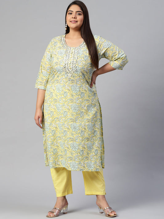 Women Yellow Cotton Straight Kurta Pant Set | LASVINI - Redefining Indian Fashion with Elegance