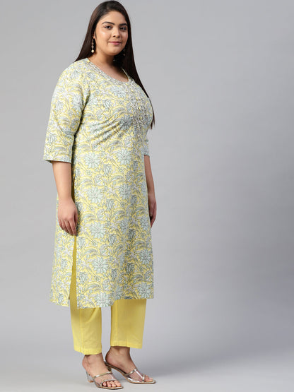 Women Yellow Cotton Straight Kurta Pant Set | LASVINI - Redefining Indian Fashion with Elegance