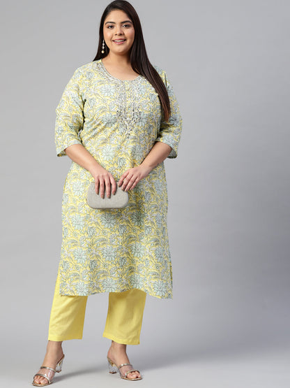 Women Yellow Cotton Straight Kurta Pant Set | LASVINI - Redefining Indian Fashion with Elegance
