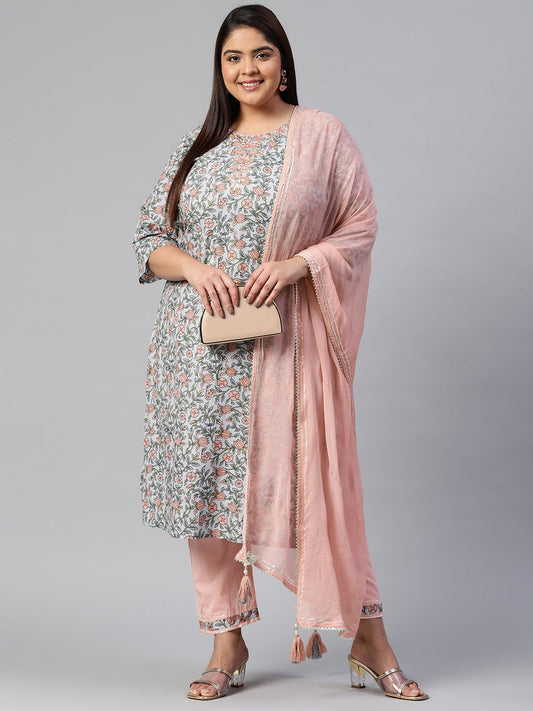 Women'S Pastel Blue Floral Straight Cotton Kurta Pant Set With Dupatta | LASVINI - Redefining Indian Fashion with Elegance