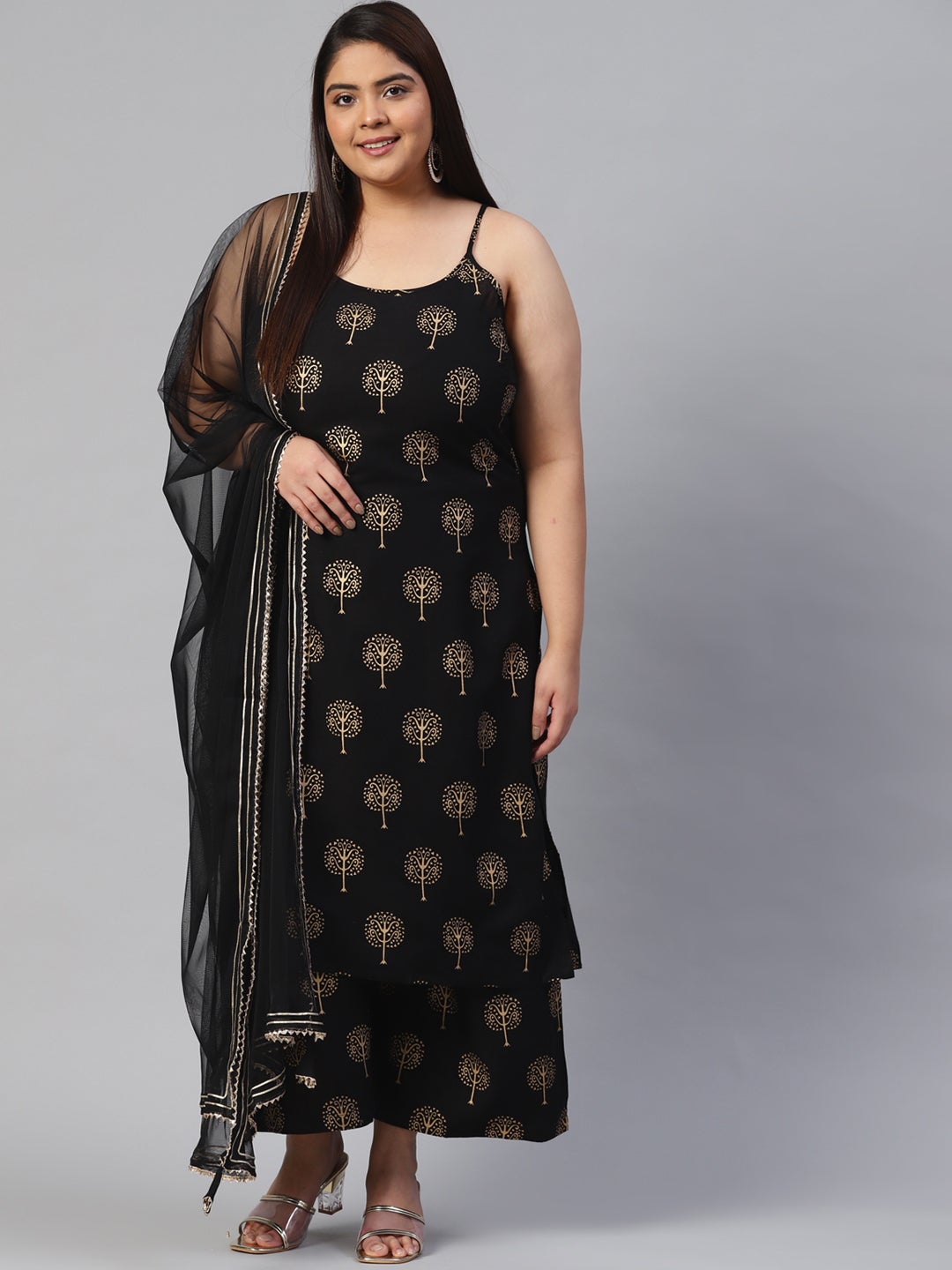 Women'S Black Shoulder Strip Kurta Palazoo Set With Net Dupatta | LASVINI - Redefining Indian Fashion with Elegance