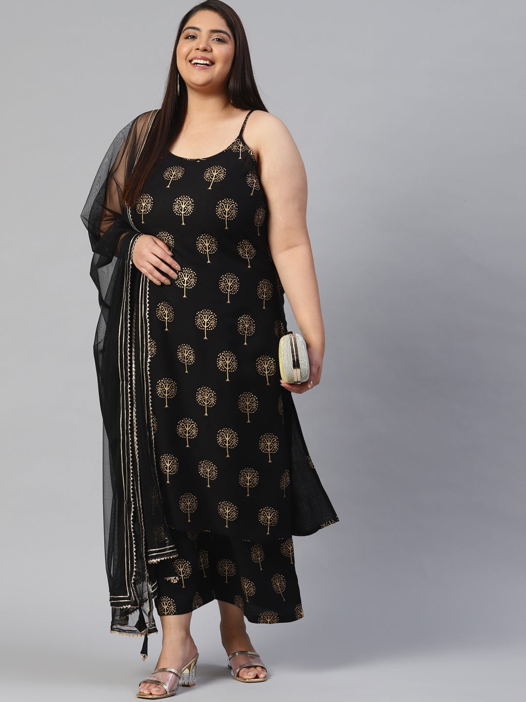 Women'S Black Shoulder Strip Kurta Palazoo Set With Net Dupatta | LASVINI - Redefining Indian Fashion with Elegance
