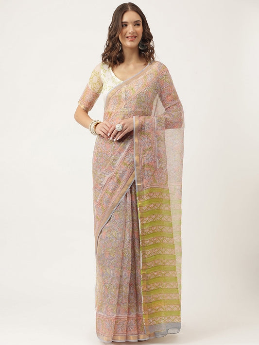 Green Hand Block Kota Doria Saree | LASVINI - Redefining Indian Fashion with Elegance