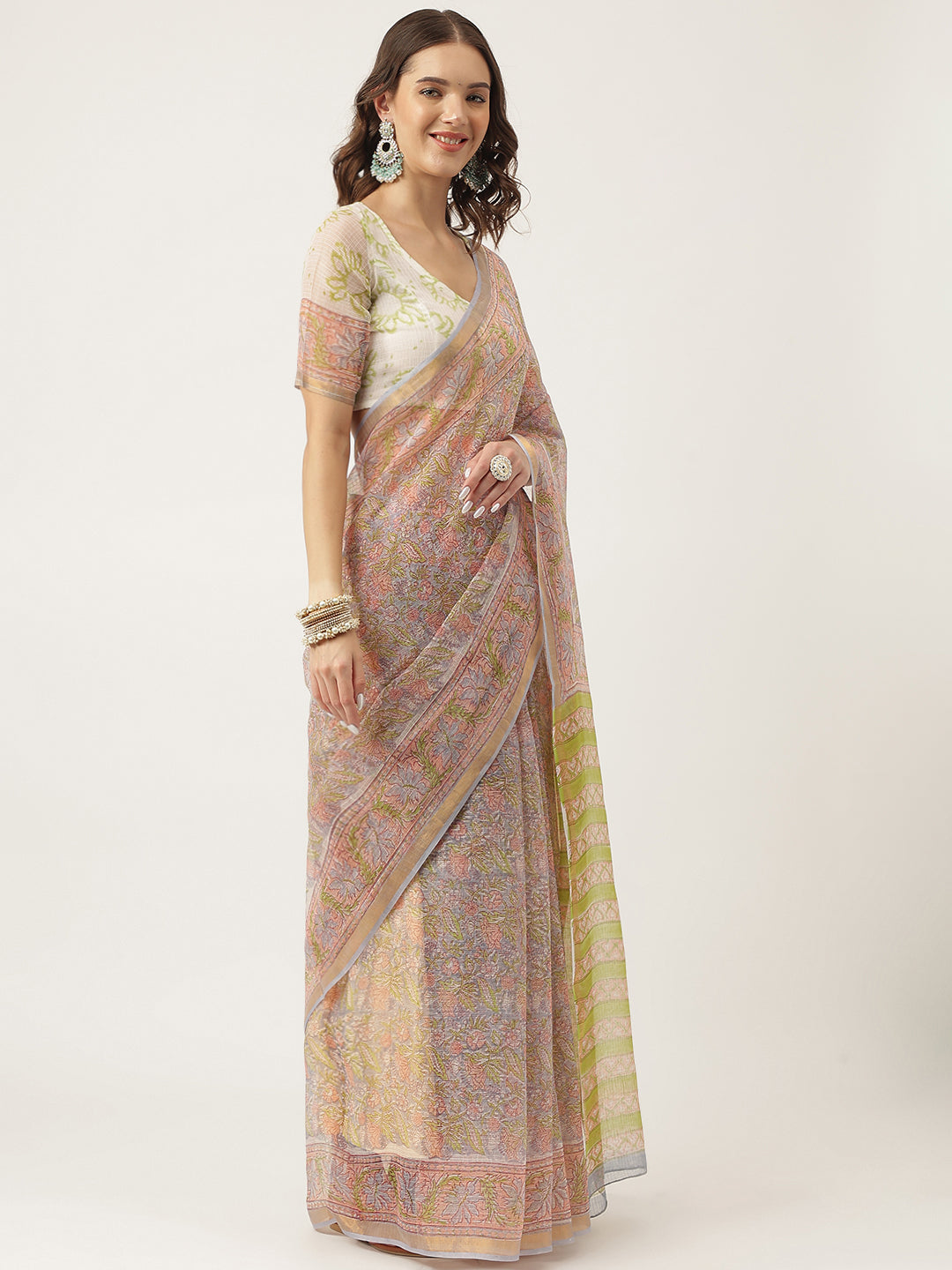 Green Hand Block Kota Doria Saree | LASVINI - Redefining Indian Fashion with Elegance