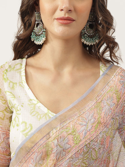 Green Hand Block Kota Doria Saree | LASVINI - Redefining Indian Fashion with Elegance