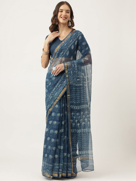 Indigo Blue Hand Block Kota Doria Saree | LASVINI - Redefining Indian Fashion with Elegance