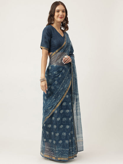 Indigo Blue Hand Block Kota Doria Saree | LASVINI - Redefining Indian Fashion with Elegance