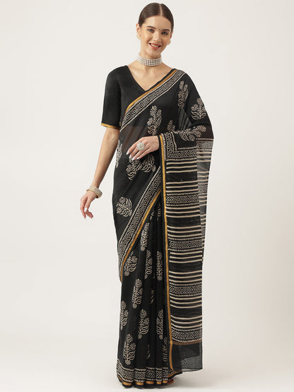Black Hand Block Chanderi Silk Saree | LASVINI - Redefining Indian Fashion with Elegance