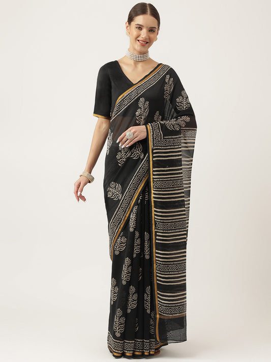 Black Hand Block Chanderi Silk Saree | LASVINI - Redefining Indian Fashion with Elegance