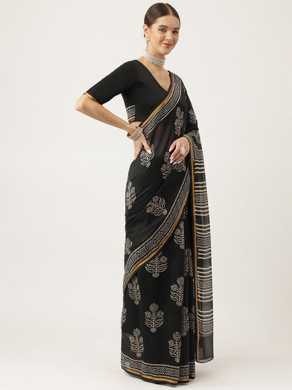 Black Hand Block Chanderi Silk Saree | LASVINI - Redefining Indian Fashion with Elegance