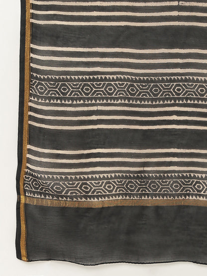 Black Hand Block Chanderi Silk Saree | LASVINI - Redefining Indian Fashion with Elegance