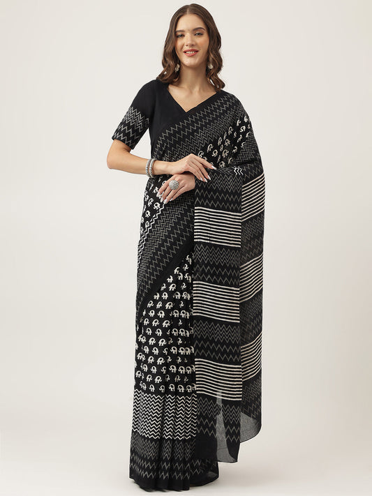 Black Hand Block Mulmul Cotton Saree | LASVINI - Redefining Indian Fashion with Elegance