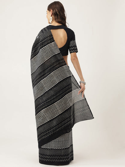 Black Hand Block Mulmul Cotton Saree | LASVINI - Redefining Indian Fashion with Elegance