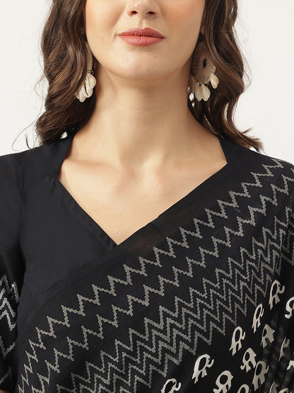 Black Hand Block Mulmul Cotton Saree | LASVINI - Redefining Indian Fashion with Elegance