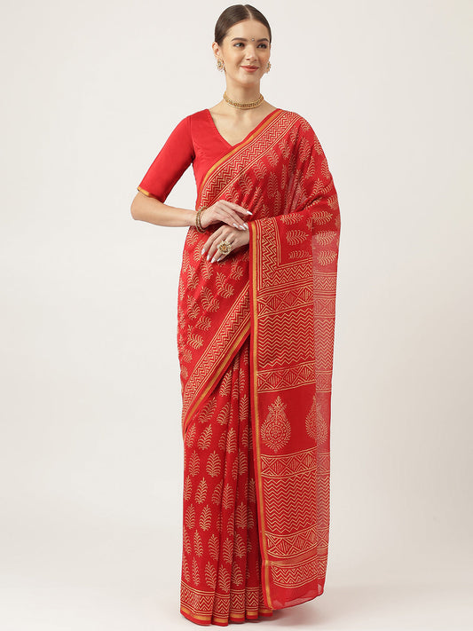 Red Hand Block Chanderi Silk Saree | LASVINI - Redefining Indian Fashion with Elegance