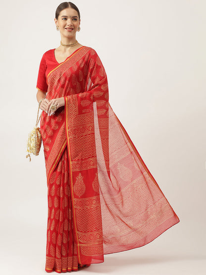 Red Hand Block Chanderi Silk Saree | LASVINI - Redefining Indian Fashion with Elegance