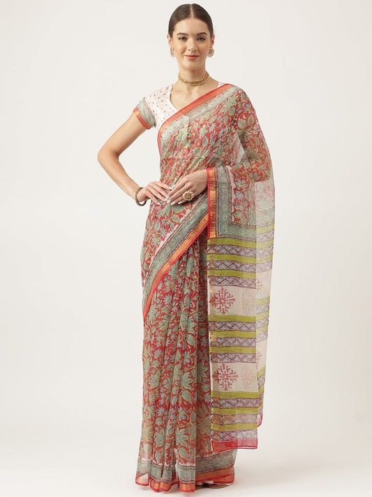 Maroon Hand Block Kota Doria Saree | LASVINI - Redefining Indian Fashion with Elegance