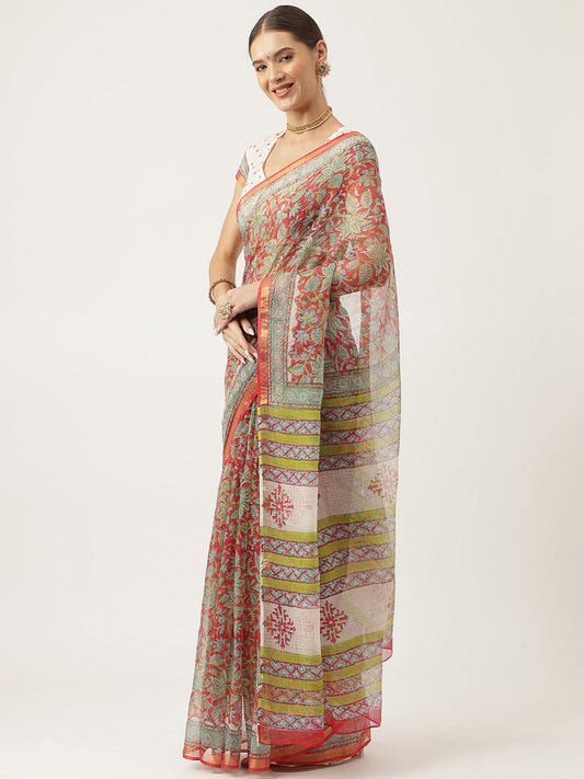 Maroon Hand Block Kota Doria Saree | LASVINI - Redefining Indian Fashion with Elegance