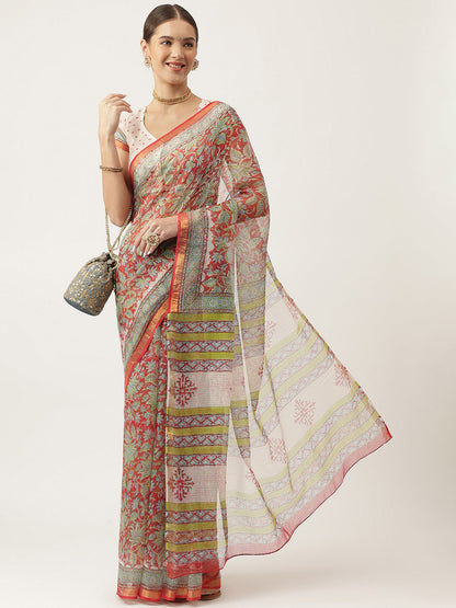 Maroon Hand Block Kota Doria Saree | LASVINI - Redefining Indian Fashion with Elegance