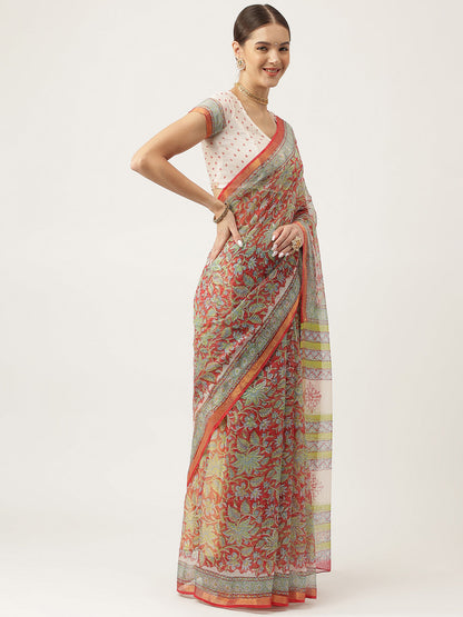 Maroon Hand Block Kota Doria Saree | LASVINI - Redefining Indian Fashion with Elegance