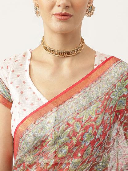 Maroon Hand Block Kota Doria Saree | LASVINI - Redefining Indian Fashion with Elegance