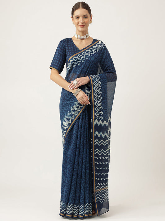 Indigo Blue Hand Block Chanderi Silk Saree | LASVINI - Redefining Indian Fashion with Elegance