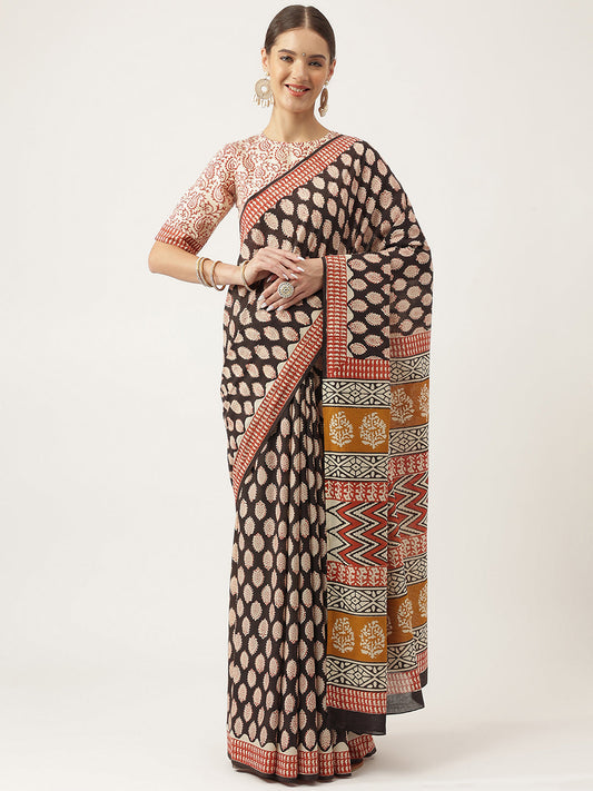 Black & Beige Hand Block Mulmul Cotton Saree | LASVINI - Redefining Indian Fashion with Elegance