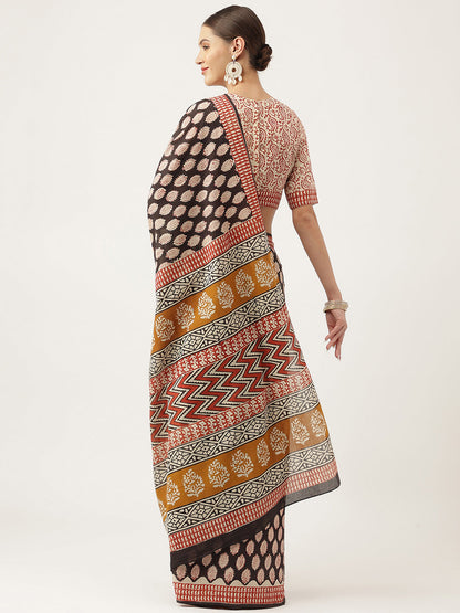 Black & Beige Hand Block Mulmul Cotton Saree | LASVINI - Redefining Indian Fashion with Elegance