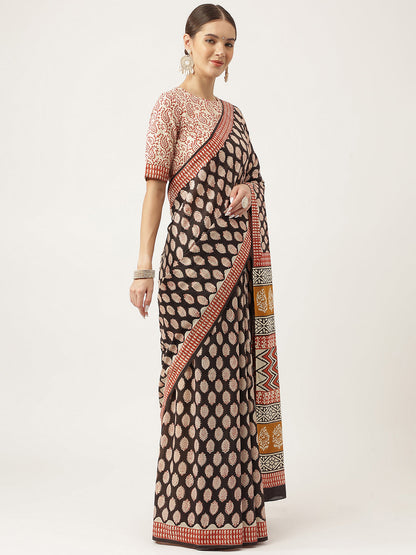 Black & Beige Hand Block Mulmul Cotton Saree | LASVINI - Redefining Indian Fashion with Elegance