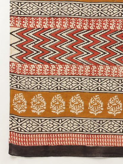 Black & Beige Hand Block Mulmul Cotton Saree | LASVINI - Redefining Indian Fashion with Elegance